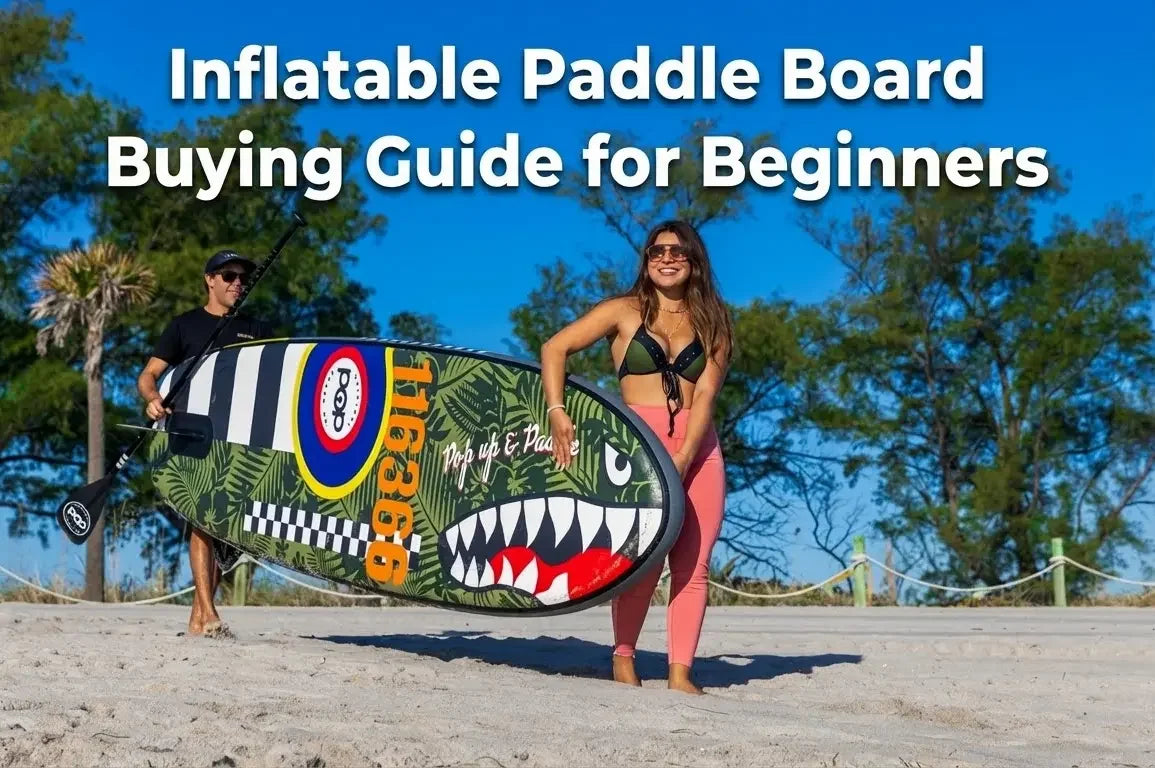 Two beginners paddleboarding on an inflatable SUP in calm water, demonstrating stable stance and on-water balance.
