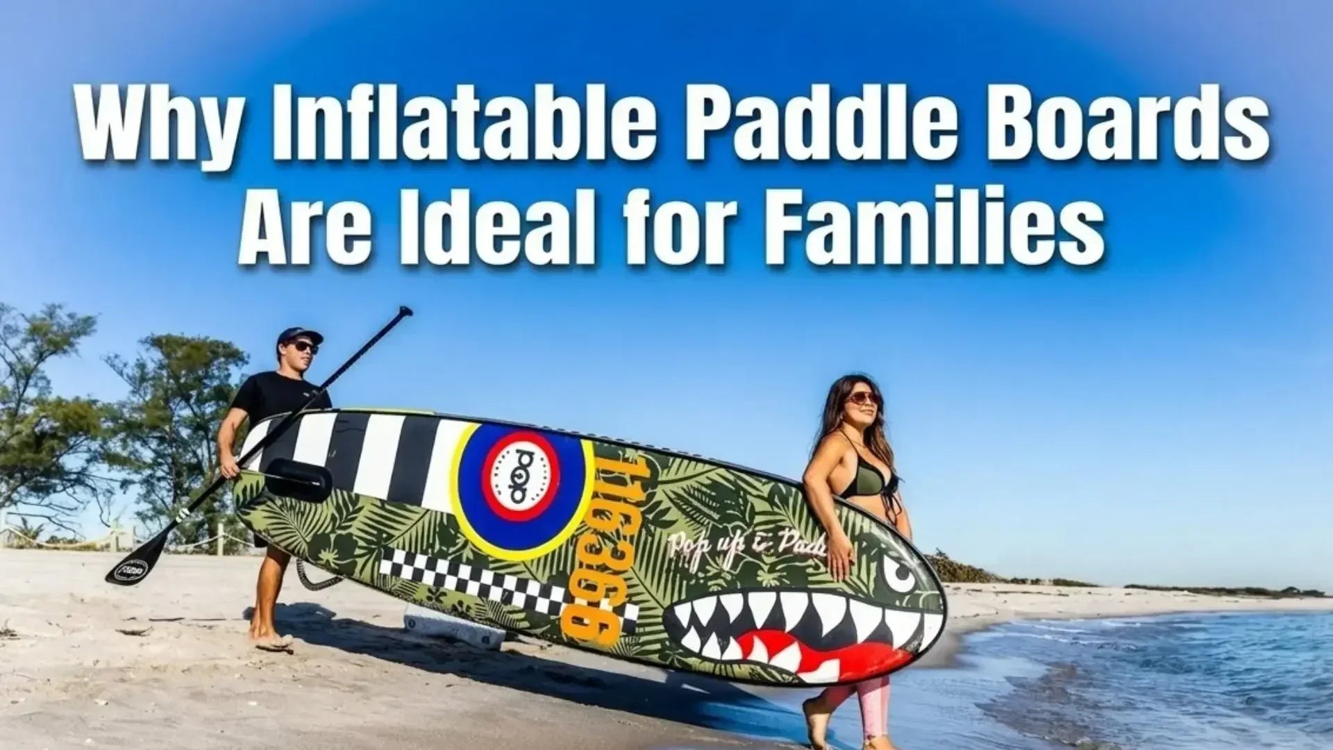 Family carrying an inflatable paddle board on the beach highlighting why inflatables are ideal for families.