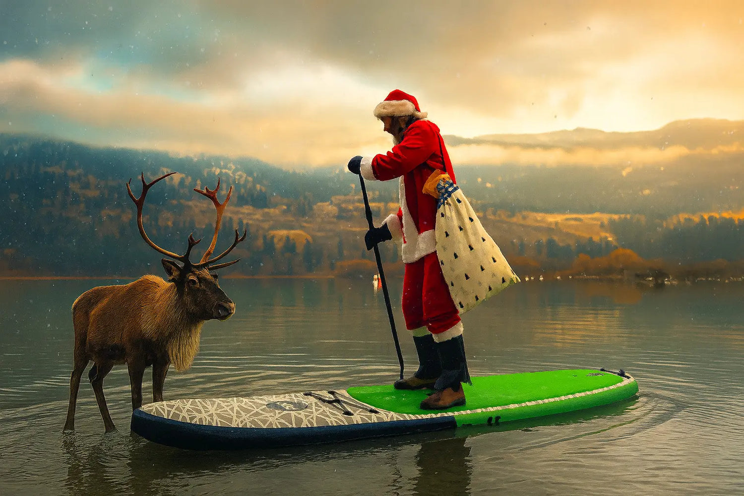 Person dressed as Santa standing on an inflatable paddle board beside a deer on a calm lake.