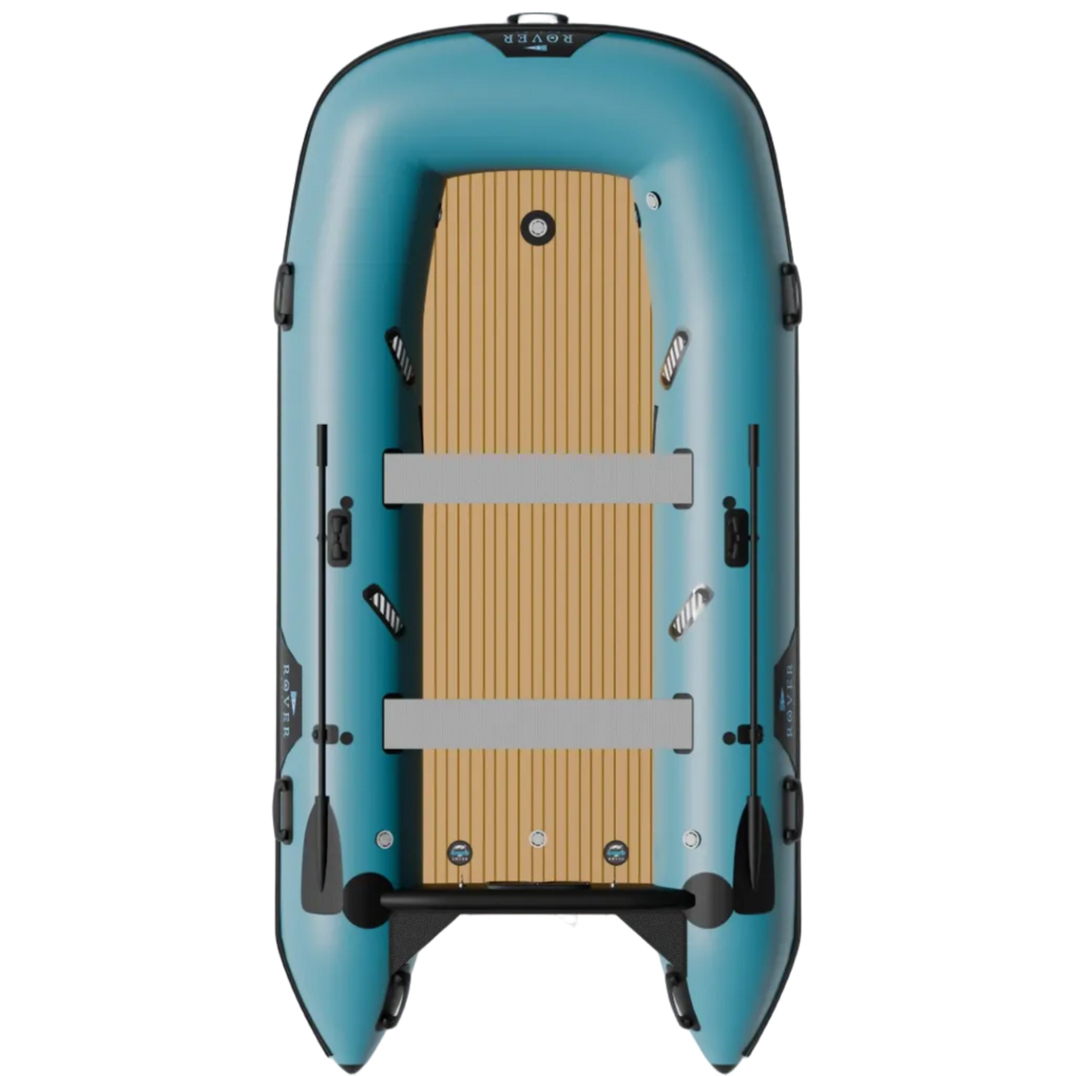 A top-down view of the 12ft inflatable battle boat showing its wooden floor and oars.