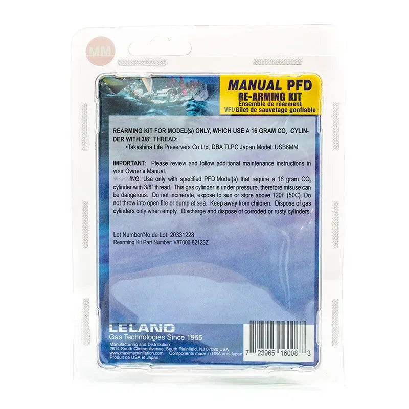 Back view of the 16g manual inflatable PFD re-arming kit packaging, showing product instructions and details, Canadian Board Co.