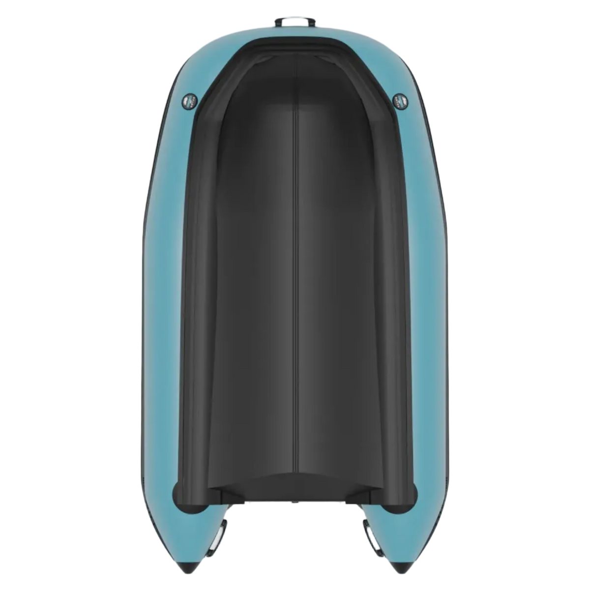 A top-down view of a small inflatable boat with a black exterior and light blue outer walls, shown without background