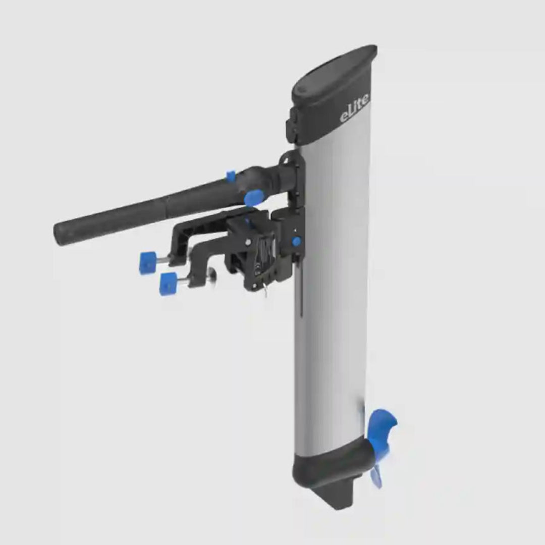 Electric motor with blue clamps on a gray background