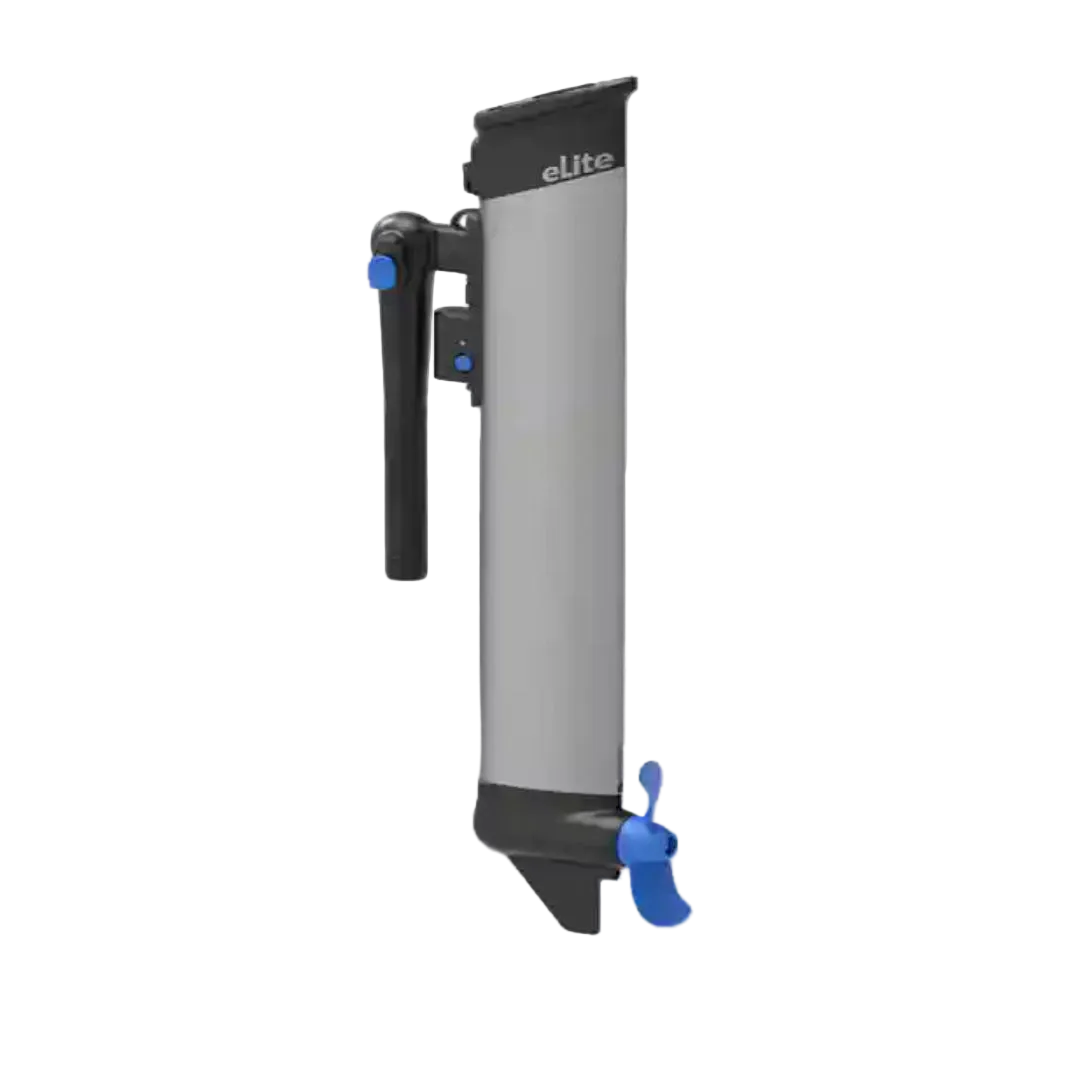 Gray and black electric motor with blue accents on a light gray background