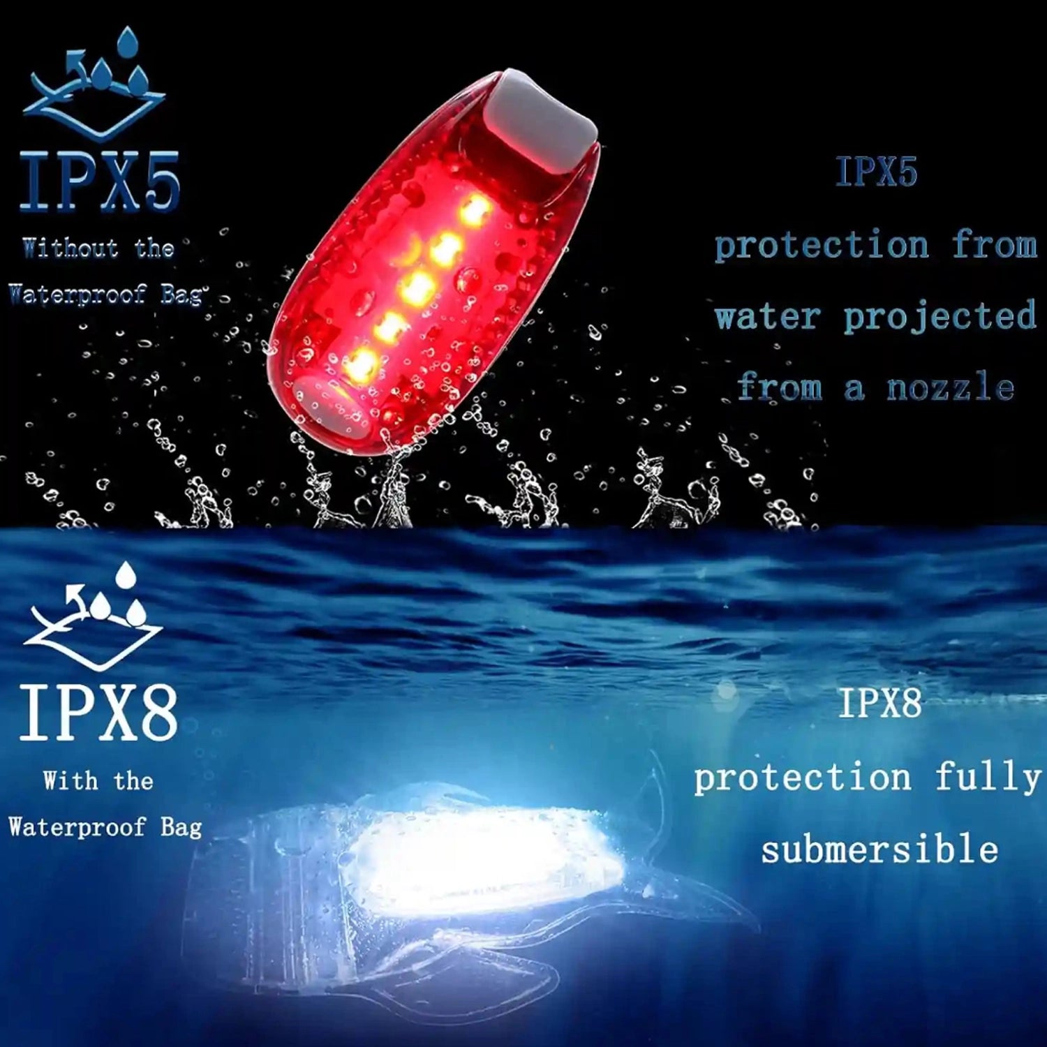 Navigation lights attached to boat kayak bag and dog collar showing versatile clip-on use