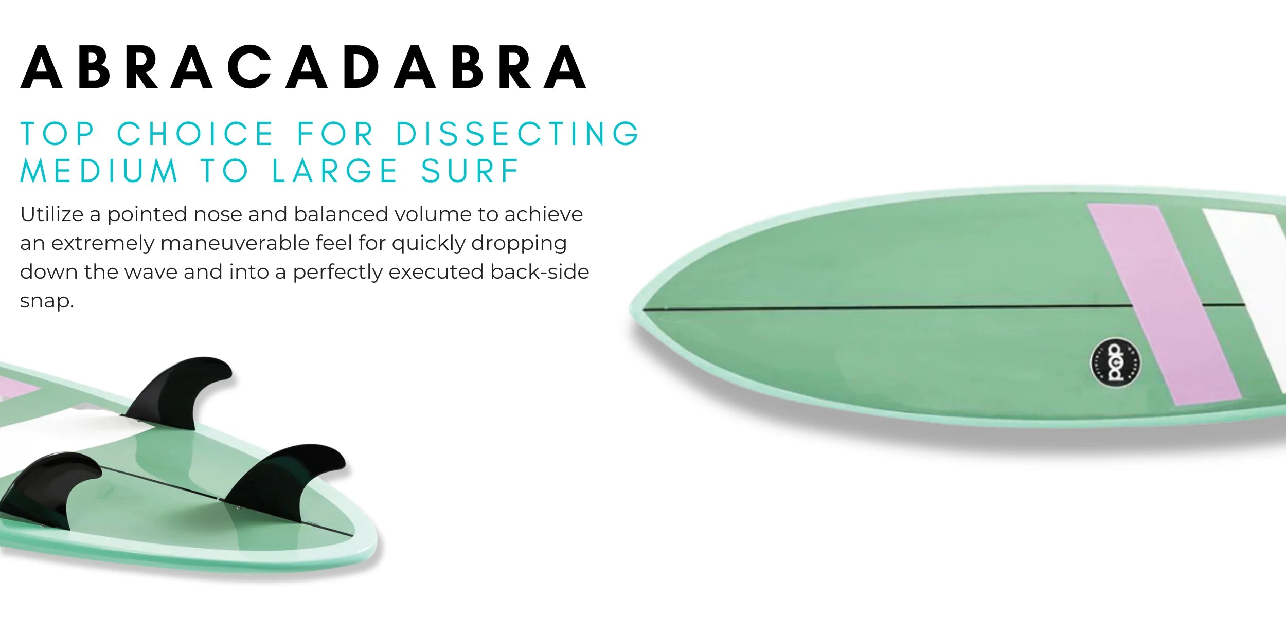 POP Board Co Abracadabra surfboard in mint green with purple and white stripes, designed for medium to large surf