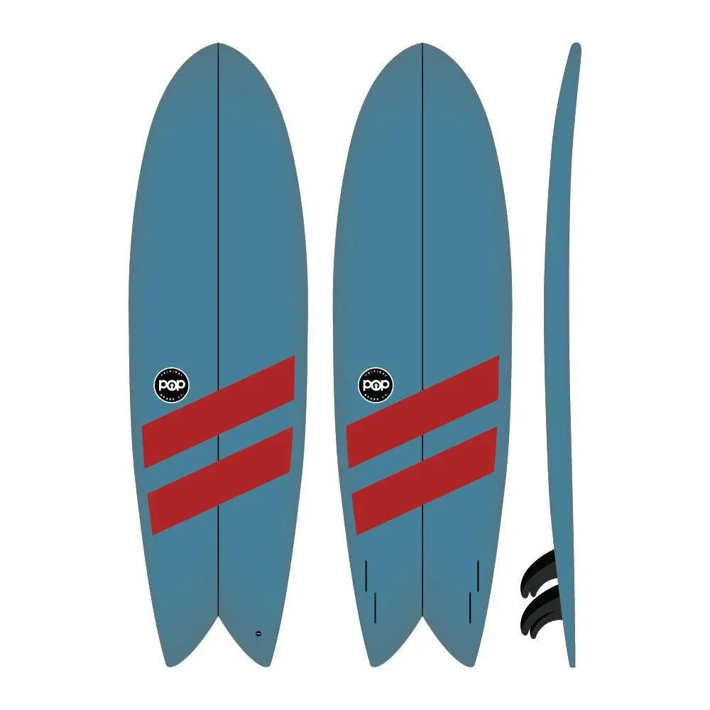 POP Board Co. Battle Fish Surfboard in blue with red stripes, shown from front, back, and side profile.