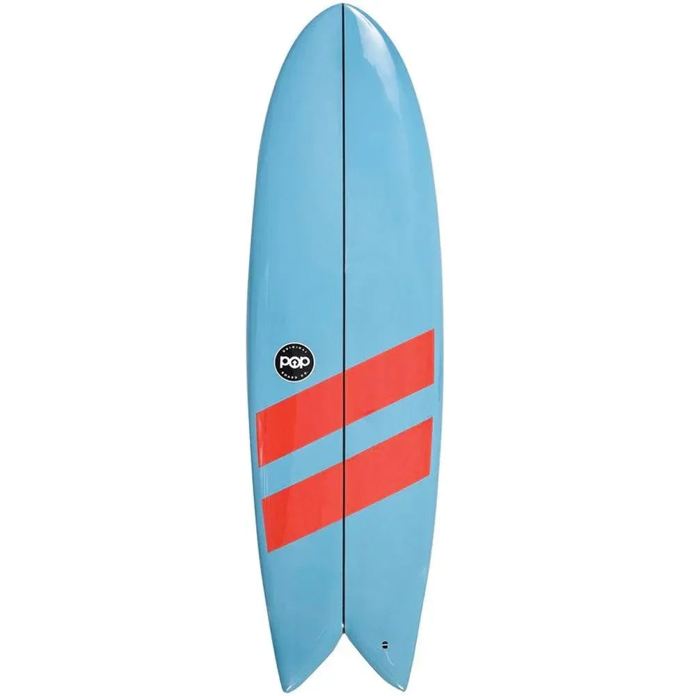 Front view of POP Board Co. Battle Fish Surfboard featuring blue finish, red stripes, and fish tail shape.