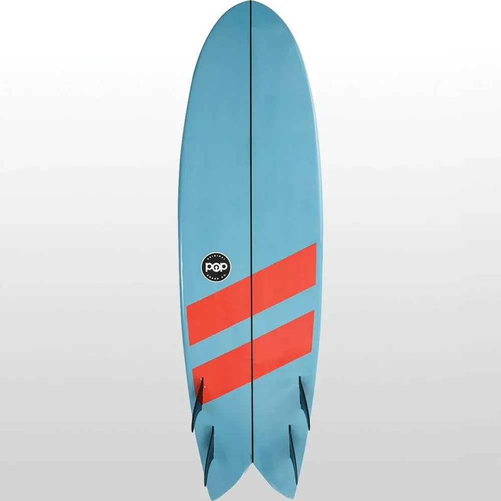 Rear view of POP Board Co. Battle Fish Surfboard with twin fish tail and triple fin setup.