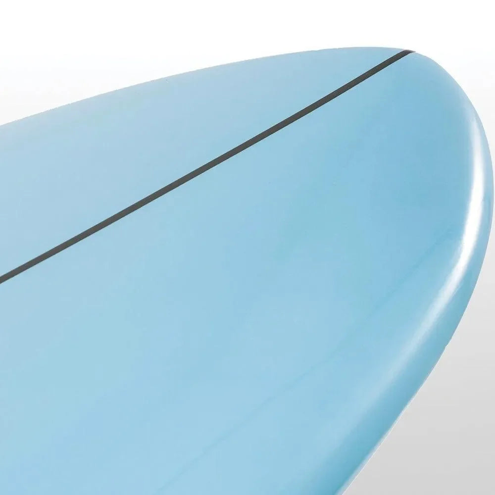 Close-up of the nose section of the Battle Fish Surfboard, designed for speed and smooth paddling.