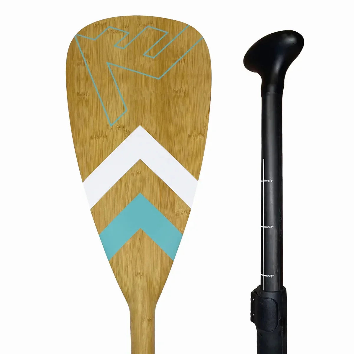 Blem Vamo carbon fiber adjustable paddle with brown blade and teal-white design.