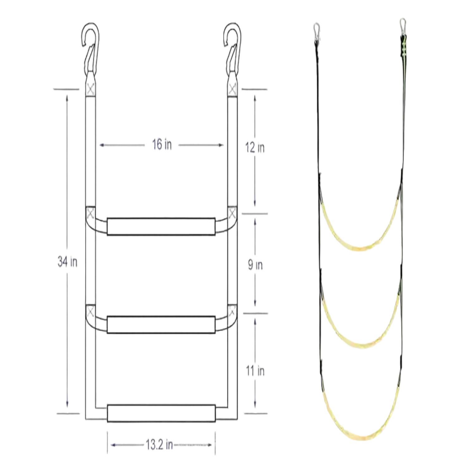 Technical diagram showing the dimensions of the boat boarding ladder strap, with labeled lengths and widths for each section.