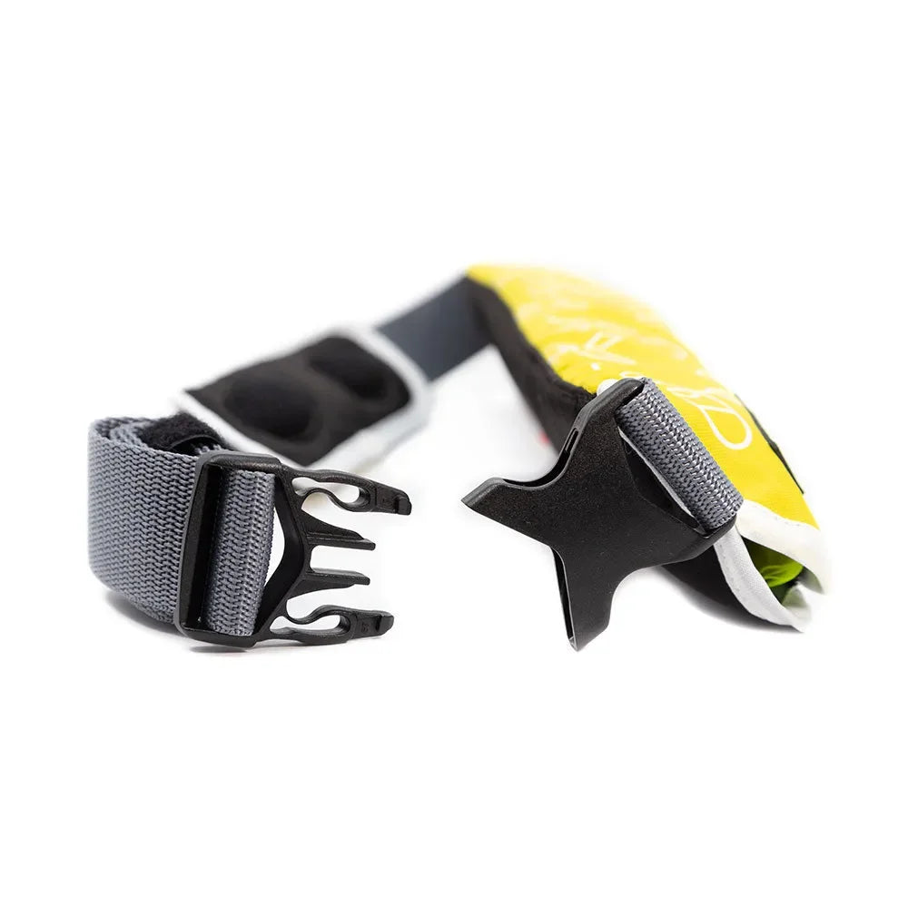 Adjustable waist belt and buckle of Bombora PFD for secure and comfortable fit.