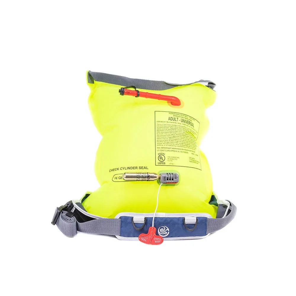 Back view of Bombora PFD inflated, featuring durable stitching and safety design.