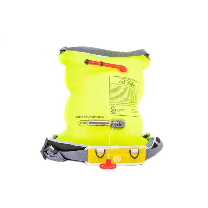 ront view of Bombora PFD inflated with high-visibility neon yellow bladder, manual pull tab.