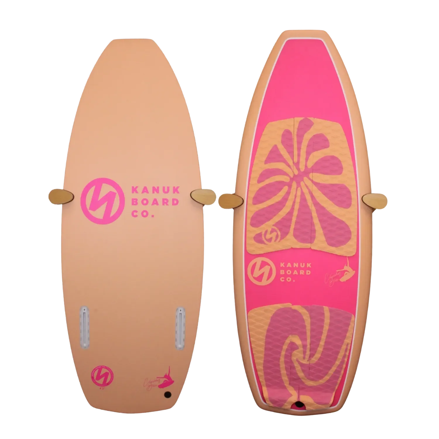 Cassidy Pro Fuzzy Peach wakesurf board top and bottom with pink and peach accents.
