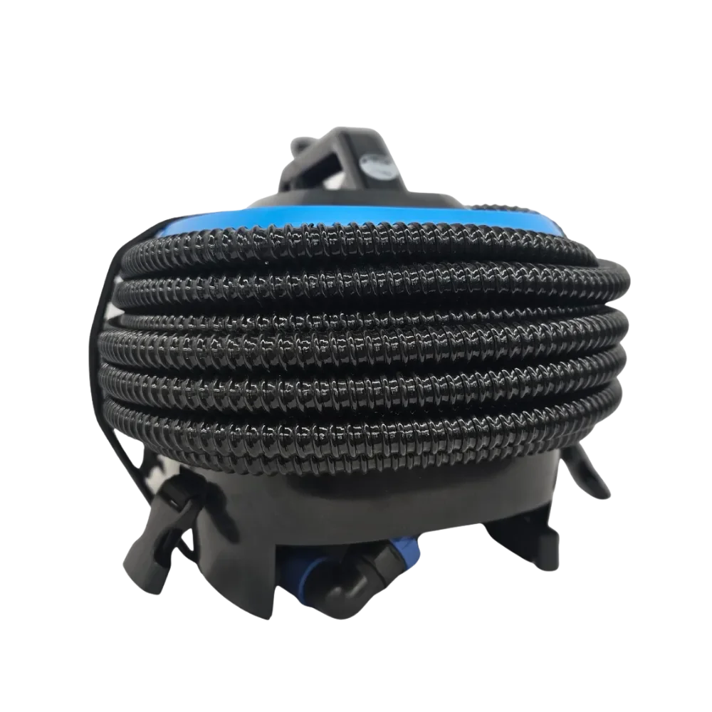 Compact side view of the Div3 Blue Nomad scuba system showing coiled hose and ergonomic design.