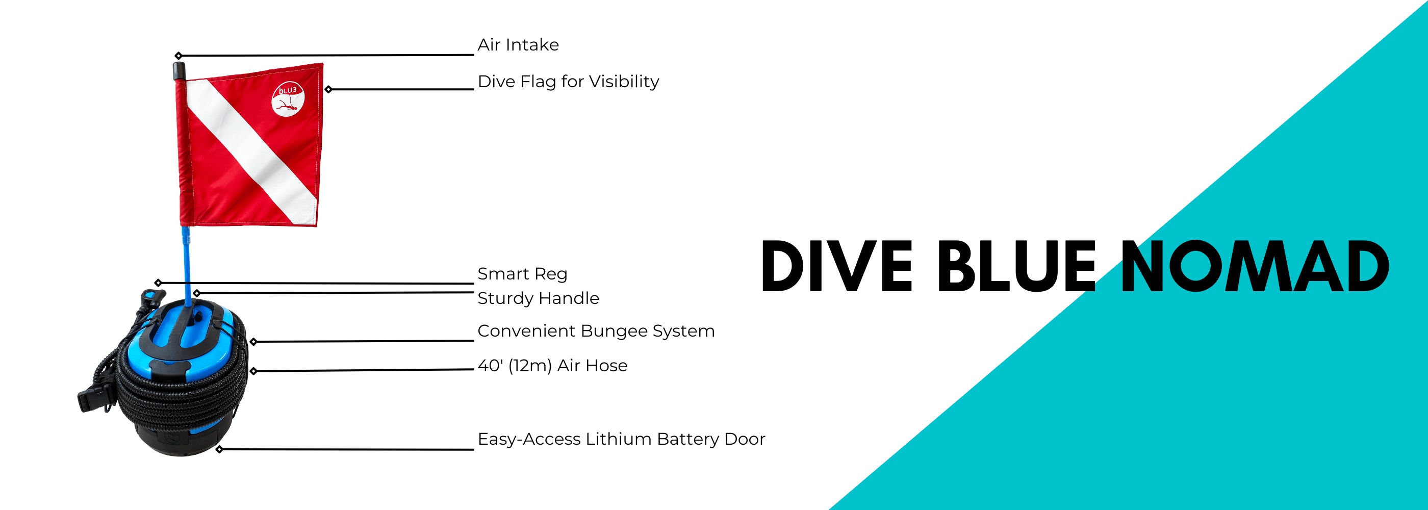 DiveBlu3 Nomad portable tankless dive system with labeled features including air intake, dive flag, smart reg, lithium battery, and 40-foot hose.