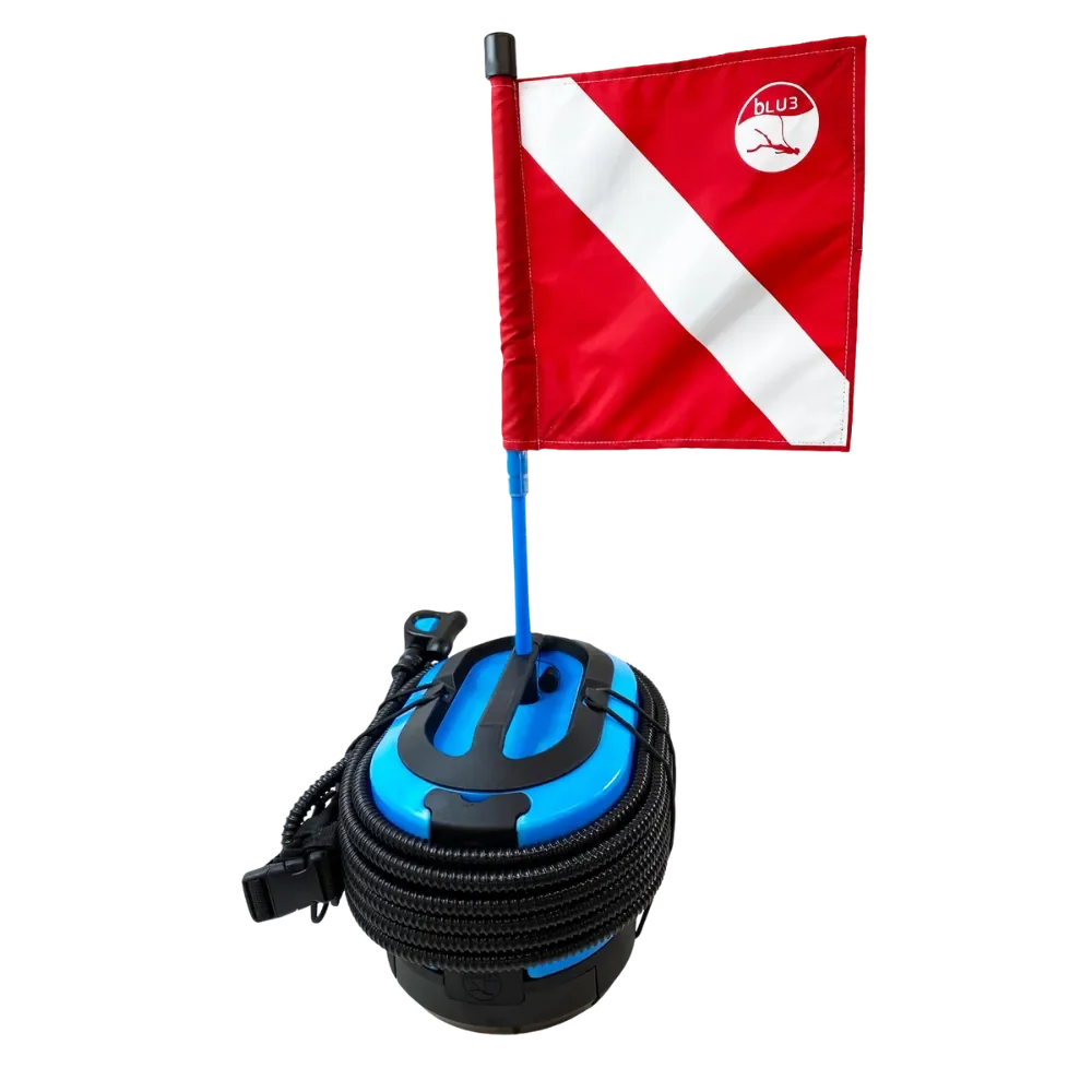 DiveBlu3 Nomad tankless dive system with floating base and red dive flag.