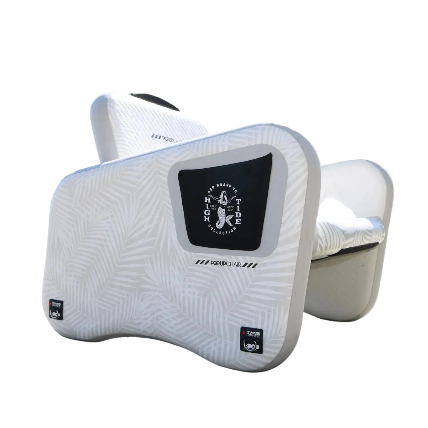 Close-up of the POP Dock inflatable chair showing premium stitched detailing and backrest design.