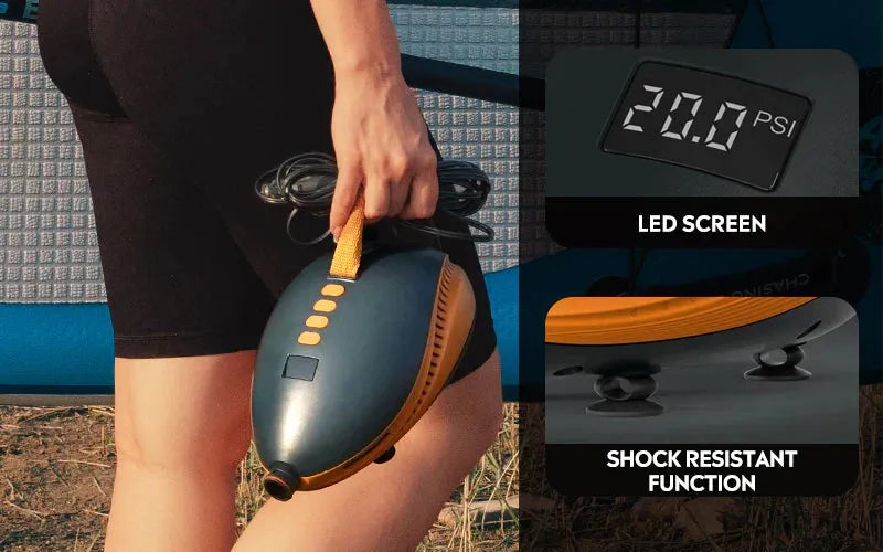 Dolphin II electric paddleboard pump plugged into vehicle for convenient inflation.