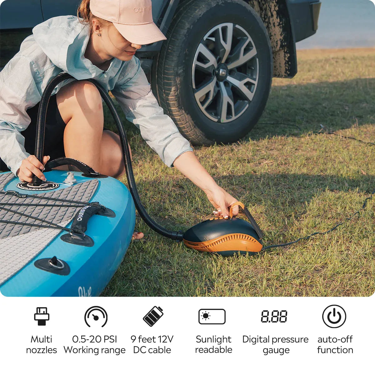 Dolphin II SUP electric pump inflating a paddleboard directly from SUV power supply.