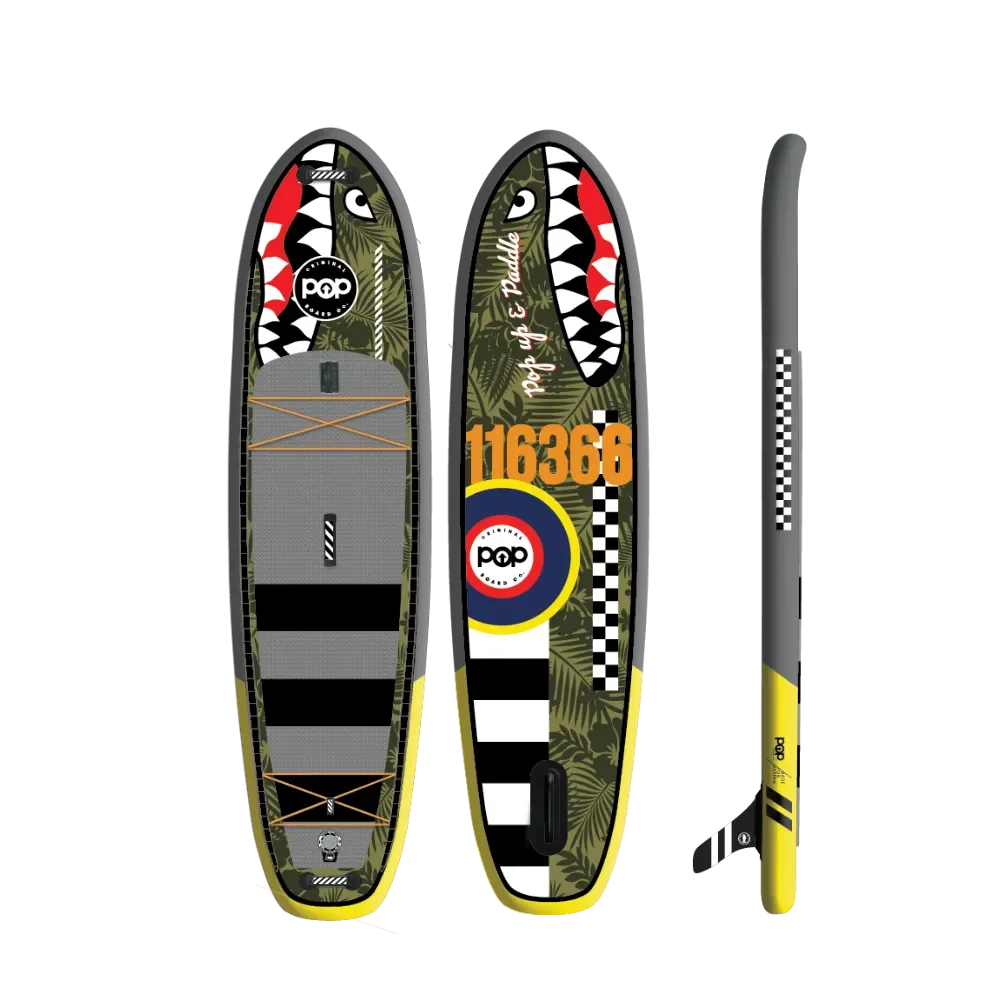 POP El Capitan 11'6 inflatable paddleboard top, bottom, and side view with camo military design.
