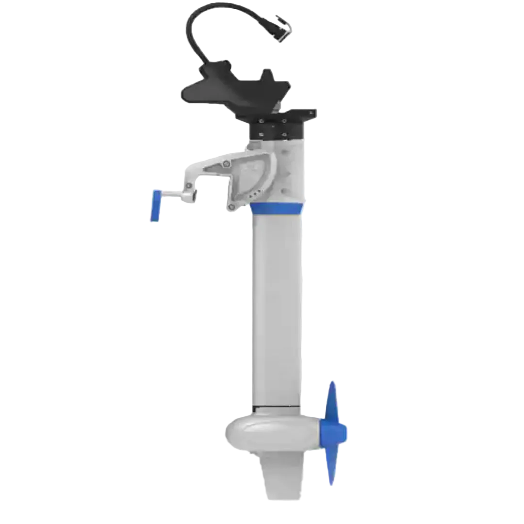 White and blue electric motor light gray background