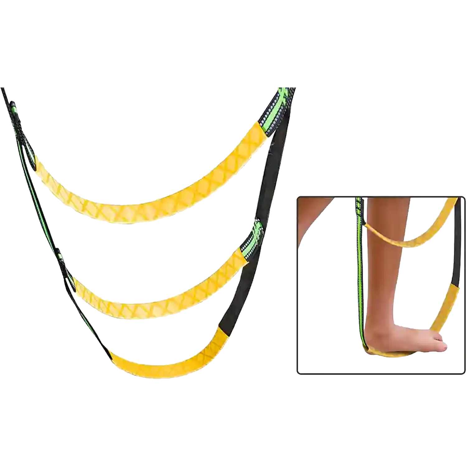Yellow inflatable dock boarding ladder strap for easy access from water to floating dock.