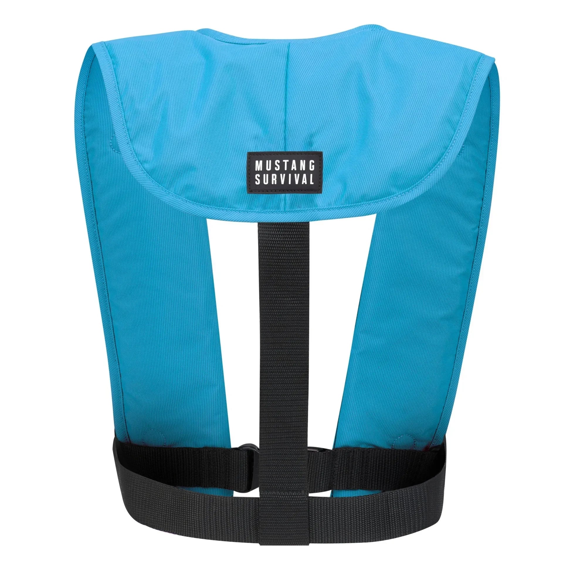 Blue inflatable PFD life vest with waist belt, lightweight and reliable flotation device.