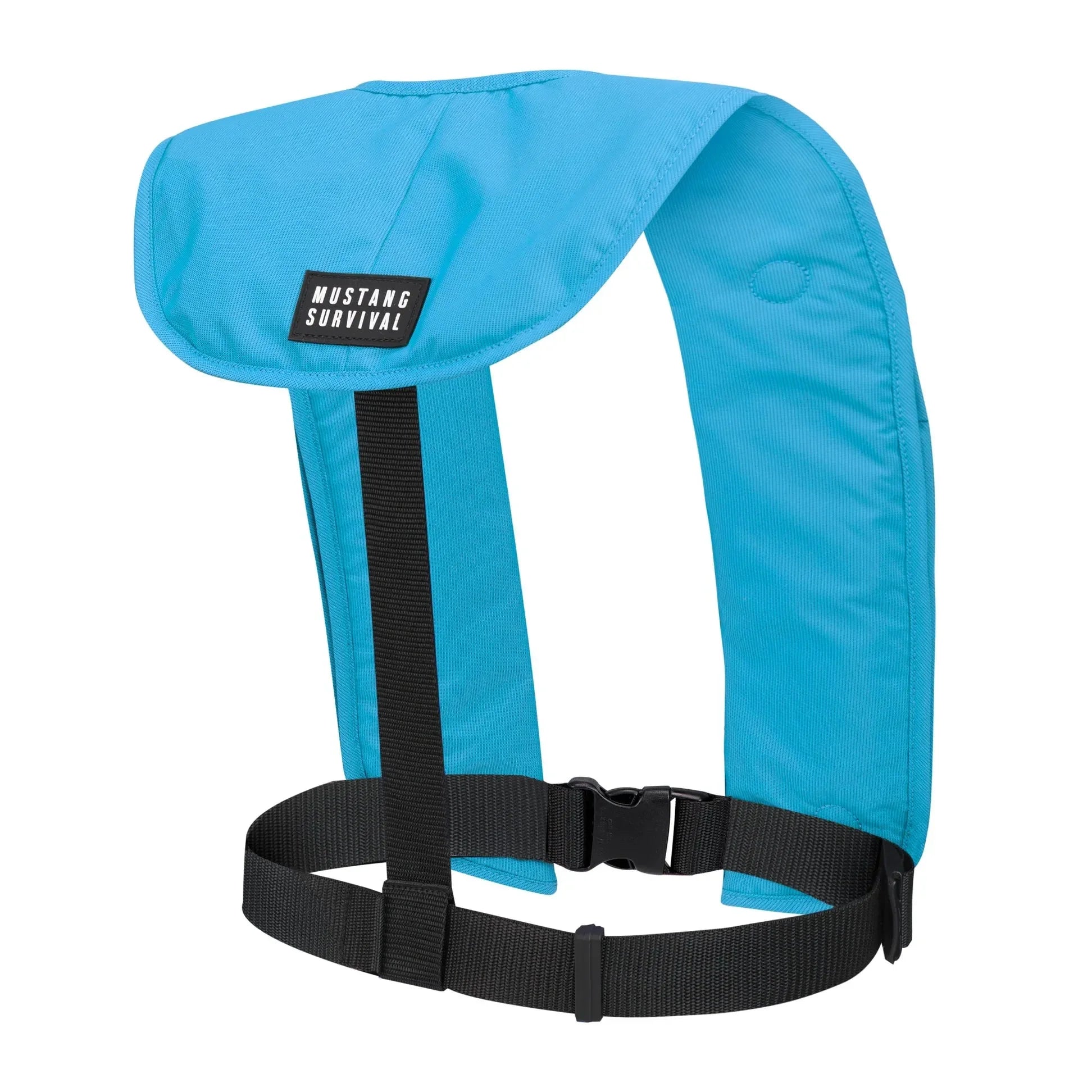 Blue inflatable PFD life vest with waist belt, lightweight and reliable flotation device.