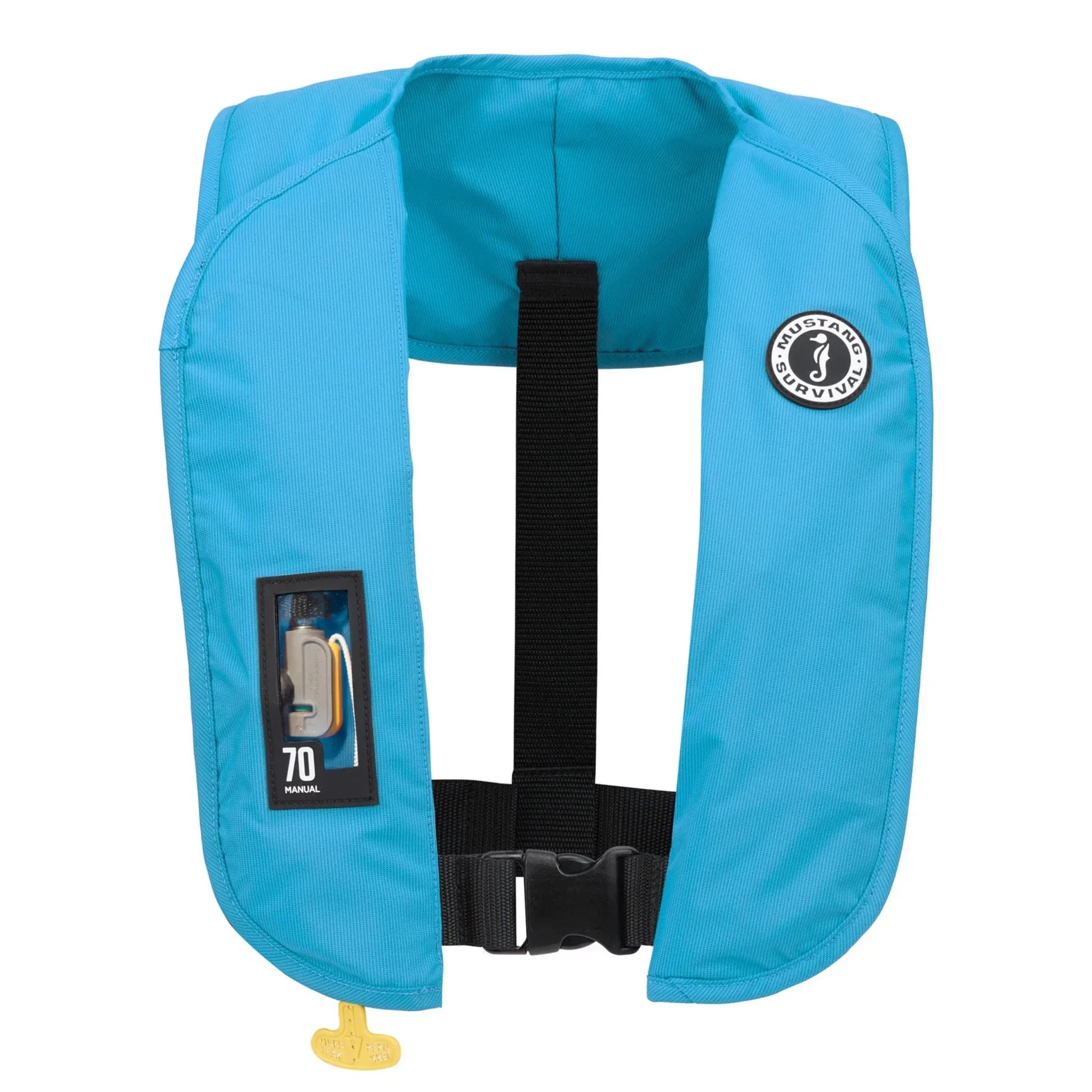 Blue inflatable PFD life vest with waist belt, lightweight and reliable flotation device.