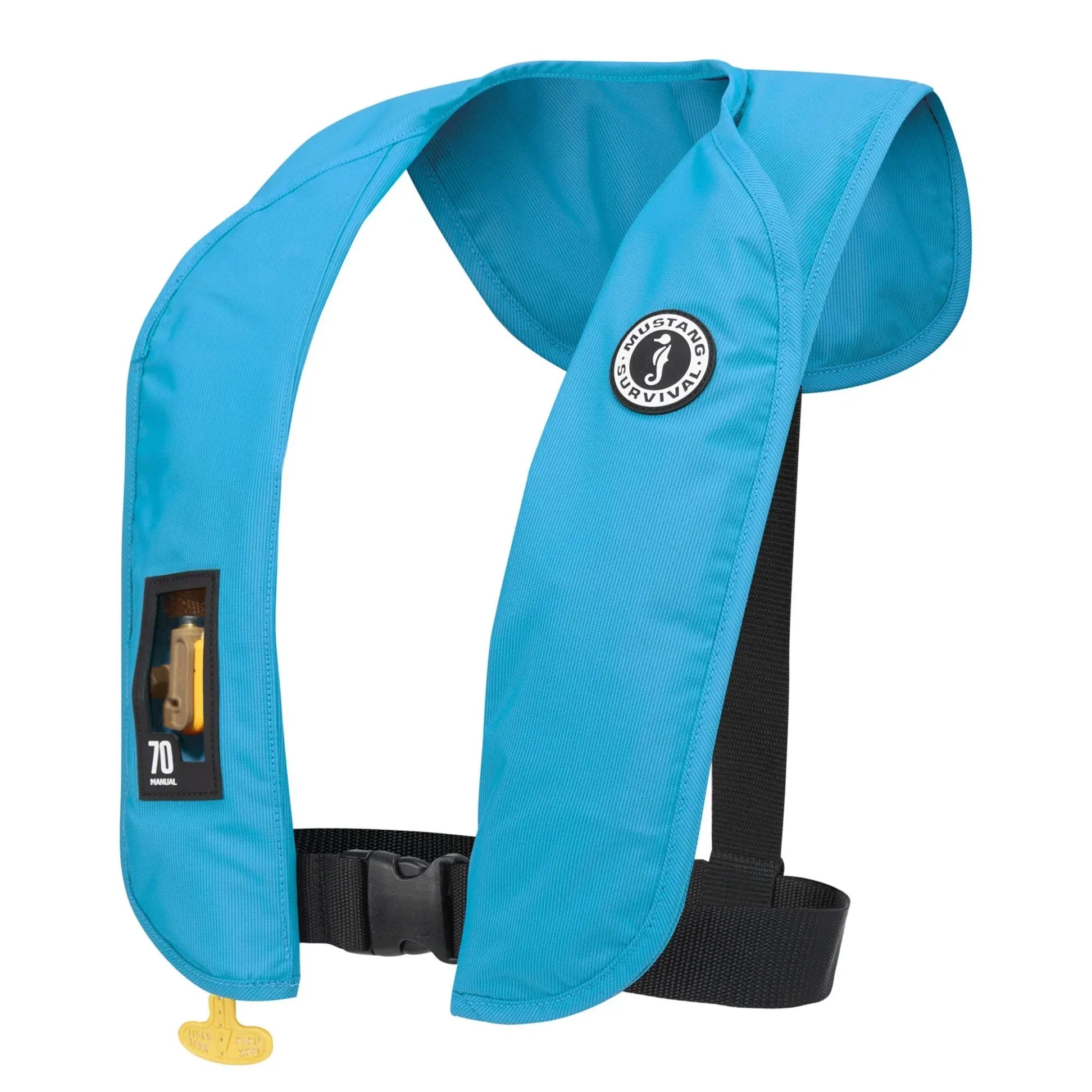 Blue inflatable PFD life vest with waist belt, lightweight and reliable flotation device.