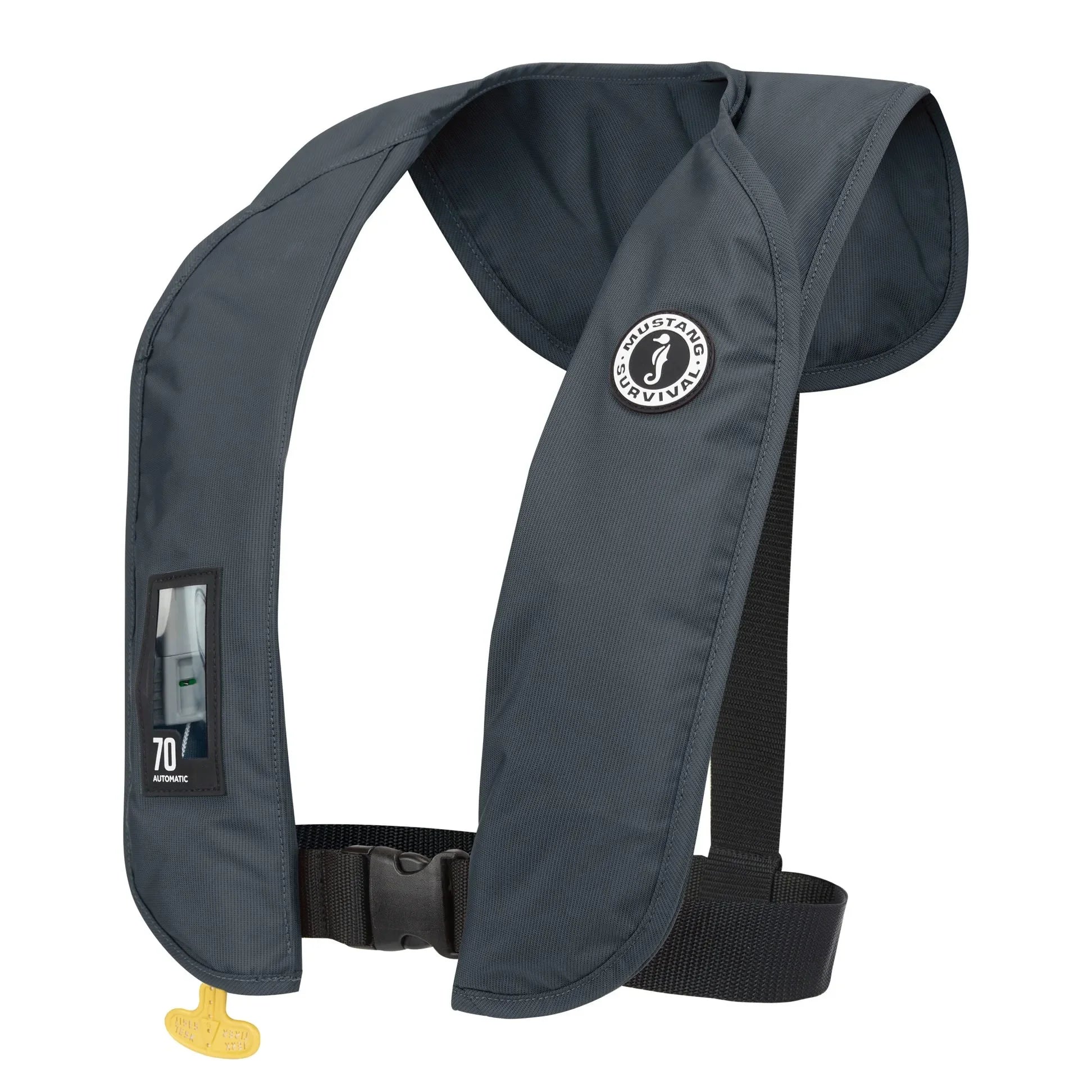 Grey inflatable PFD life vest with secure waist belt, compact and durable for water safety.