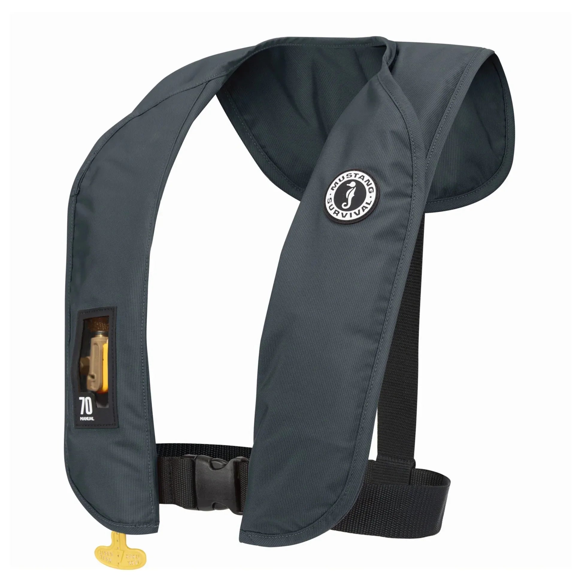 Grey inflatable PFD life vest with secure waist belt, compact and durable for water safety.