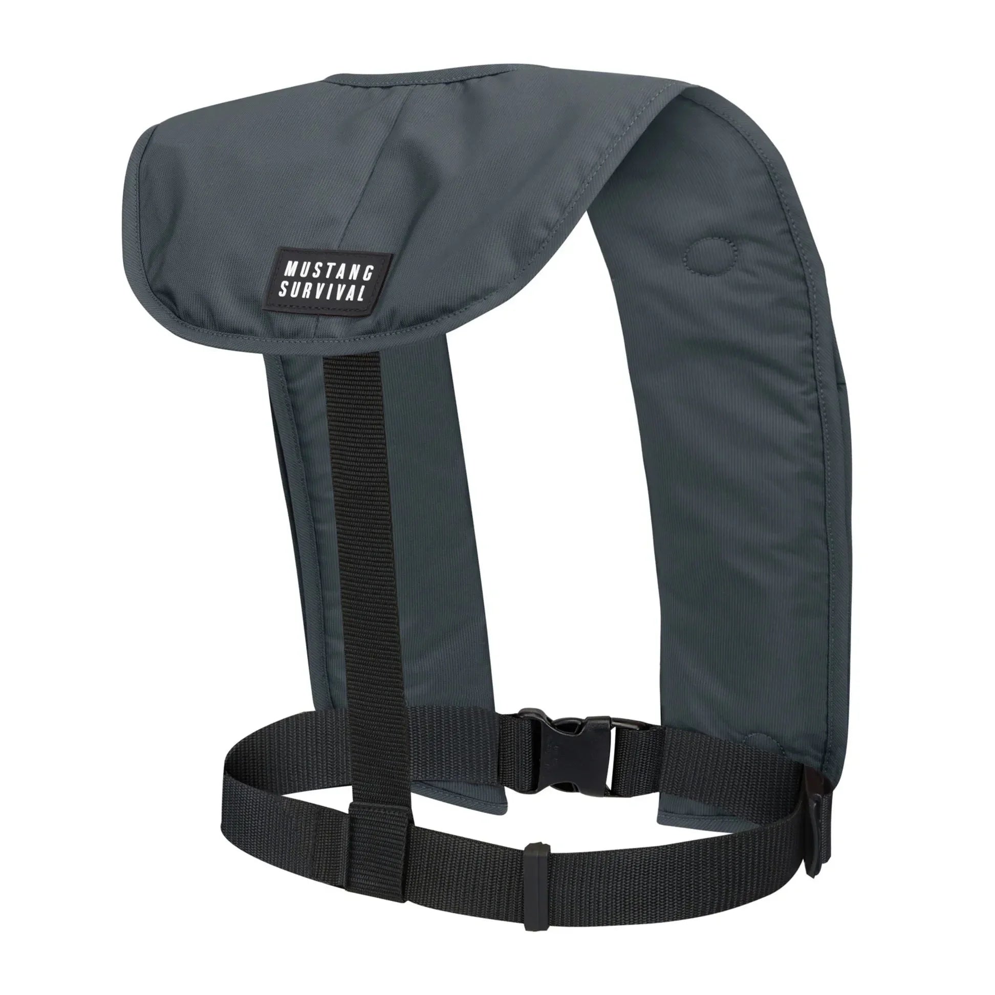 Grey inflatable PFD life vest with secure waist belt, compact and durable for water safety.