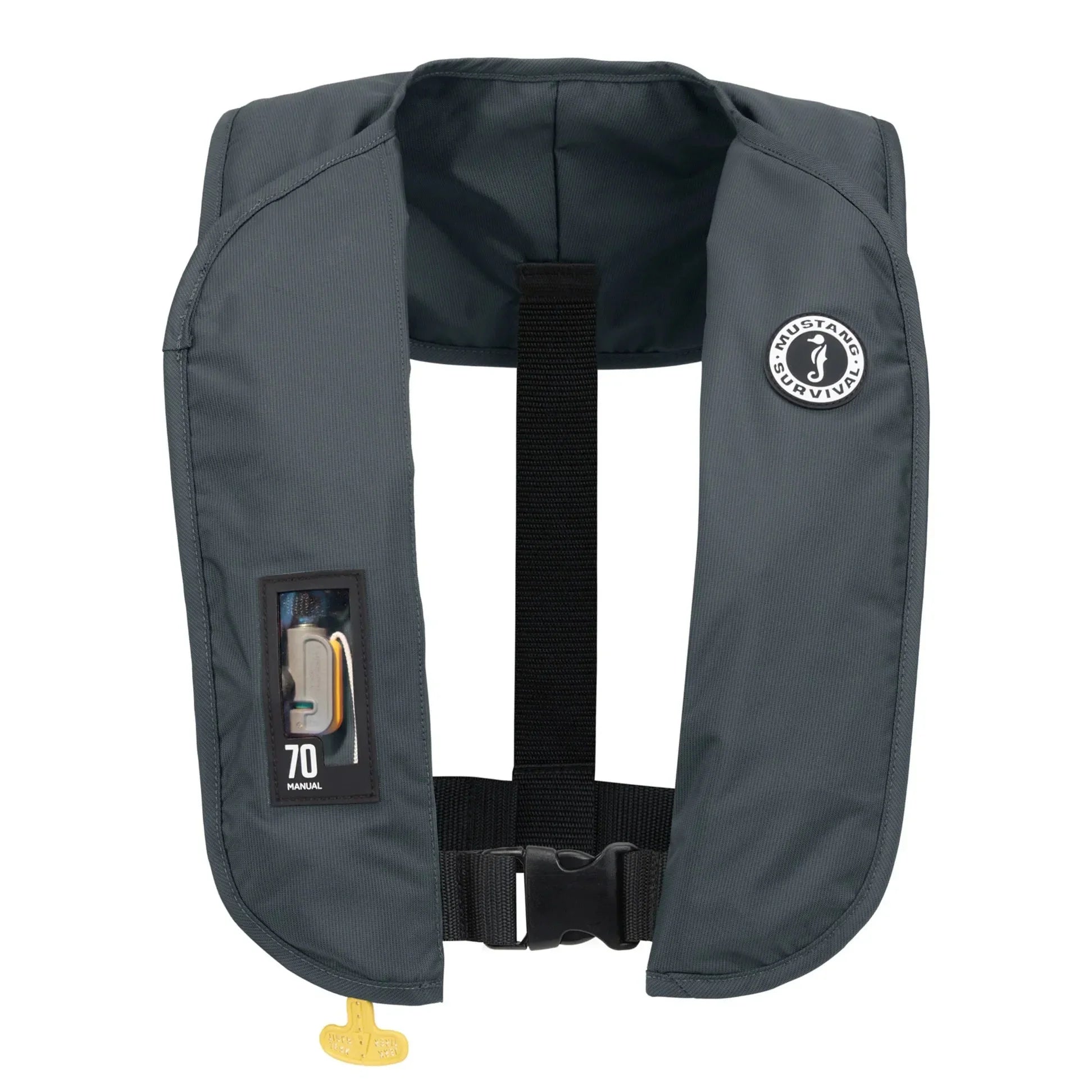Grey inflatable PFD life vest with secure waist belt, compact and durable for water safety.