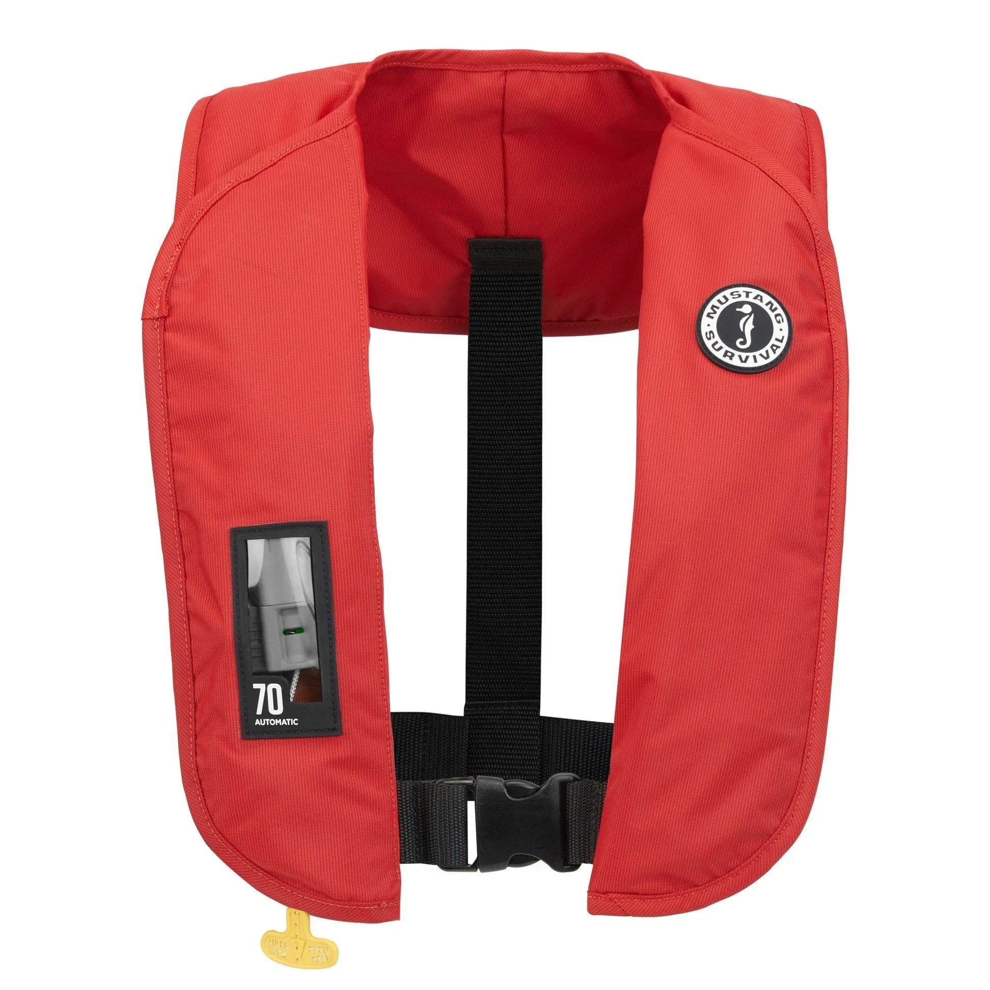 Red inflatable PFD life vest with waist belt, designed for safety and comfort on the water.