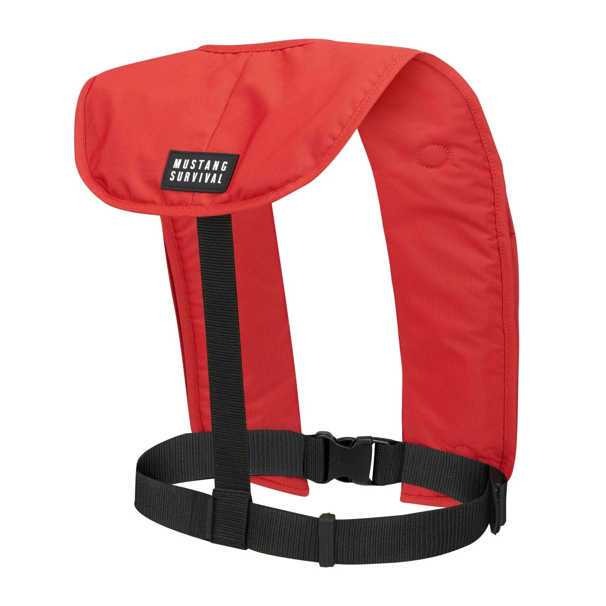 Red inflatable PFD life vest with waist belt, designed for safety and comfort on the water.