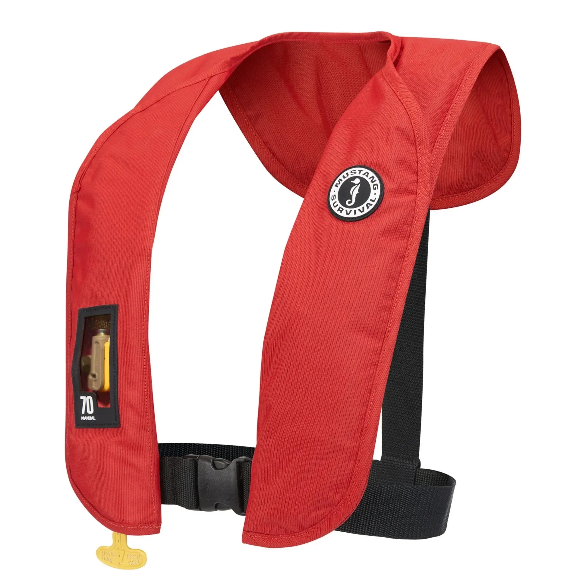 Red inflatable PFD life vest with waist belt, designed for safety and comfort on the water.