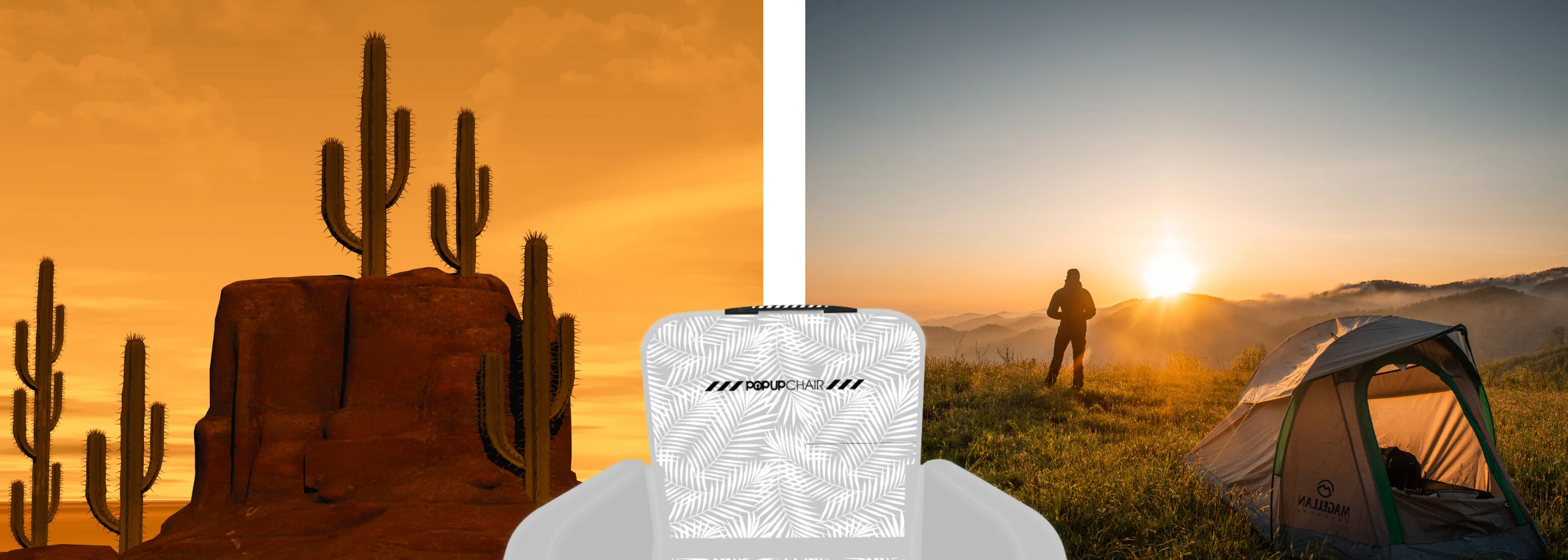 POP Up Chair inflatable chair with desert cactus and camping at sunset, built for outdoor adventures.