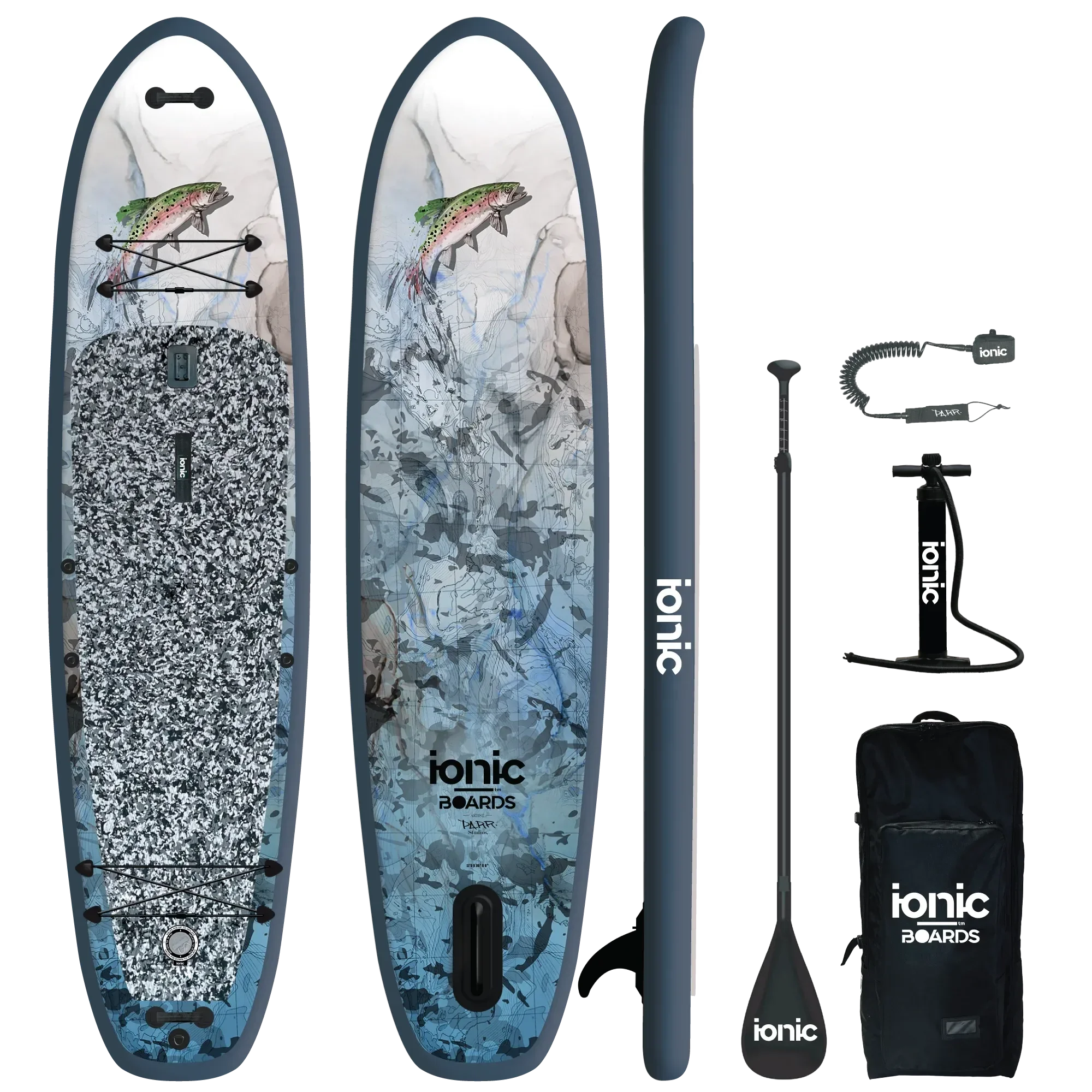 Ionic Adventure Hook ‘Em Edition 11’6 inflatable paddleboard package with paddle and pump.