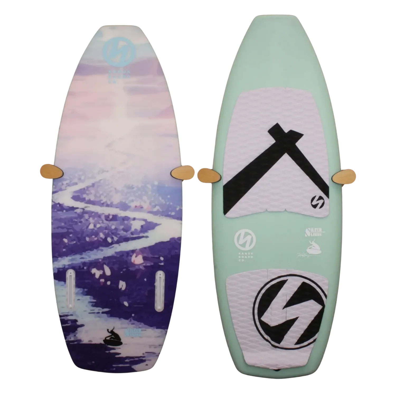 Karen Wang Pro Silver Lining wakesurf board with landscape design on deck.