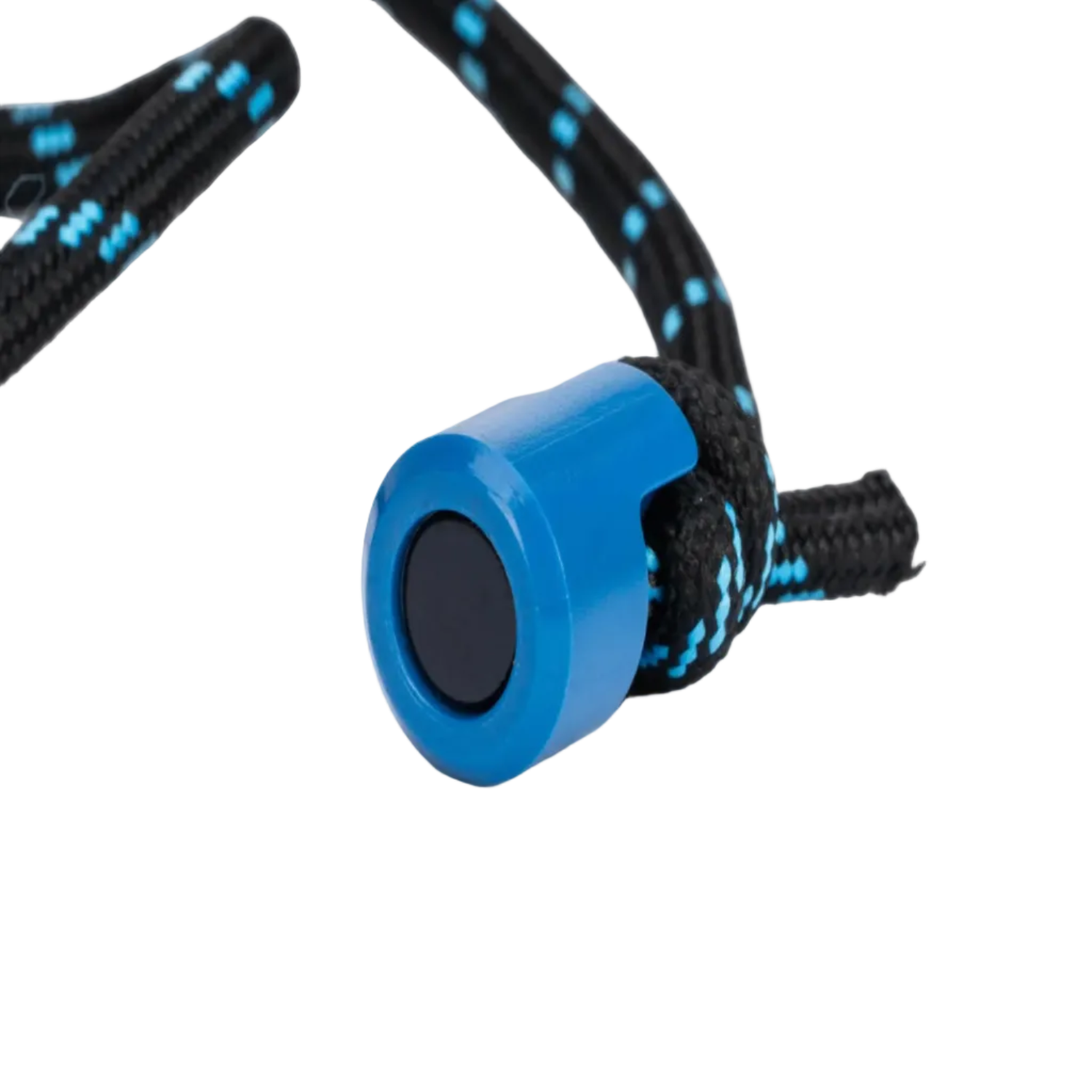 Blue cylindrical device with black center on a black and blue braided cord against a white background