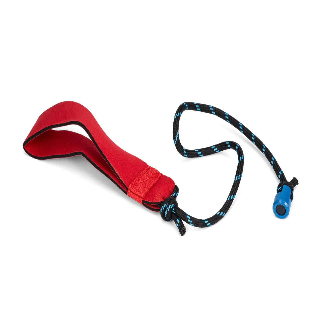 Red strap with a blue and black rope end on a white background