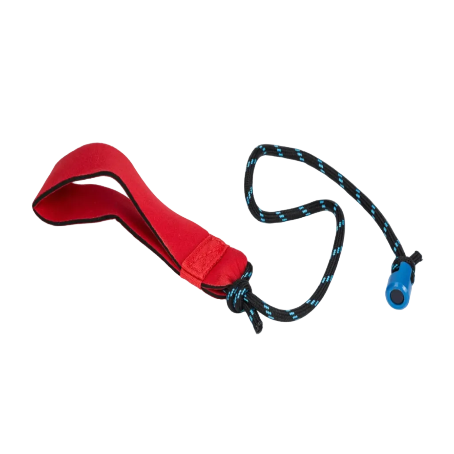 Red strap with a blue and black rope end on a white background