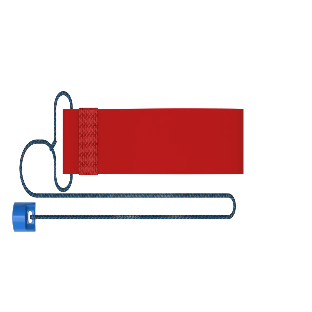 Red strap with blue clip on a white background