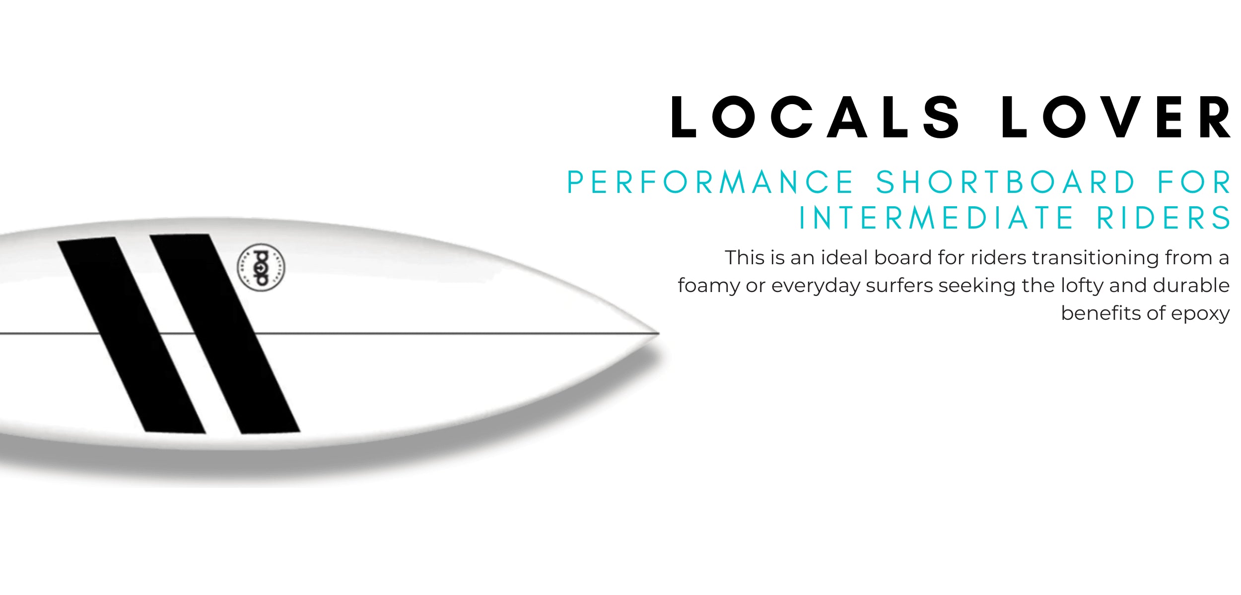 POP Board Co Locals Lover performance shortboard with black stripe design for intermediate surfers