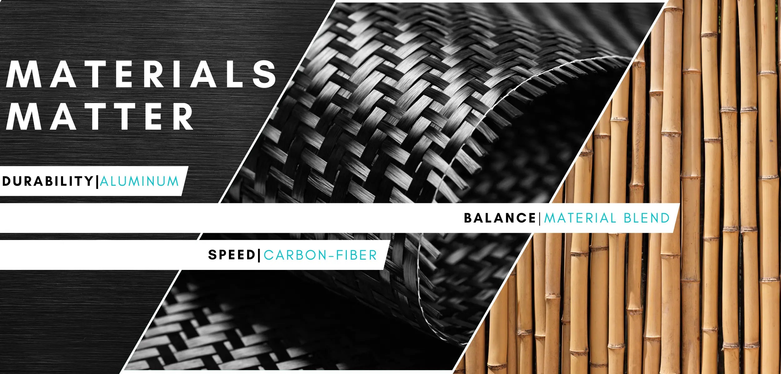 Materials Matter graphic showing aluminum for durability, carbon fiber for speed, and bamboo material blend for balance in paddle construction.