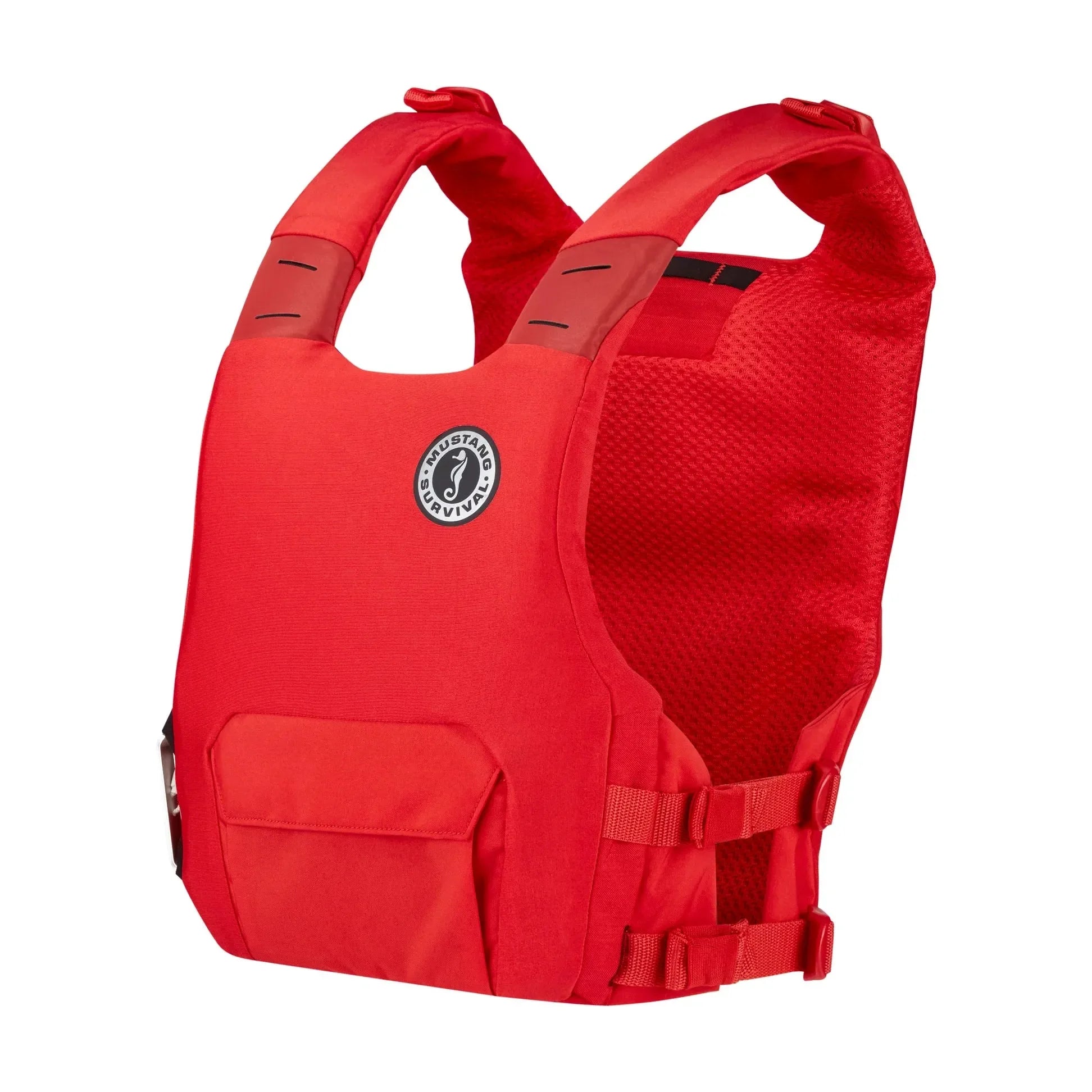 Side view of Mustang Khimera buoyancy aid in red - dual flotation life jacket.